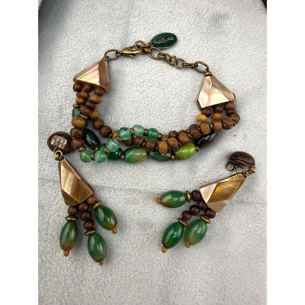 Nature Boho Bracelet Pierced Earrings Set‎ Signed Nature Wood Abalone 7.5"